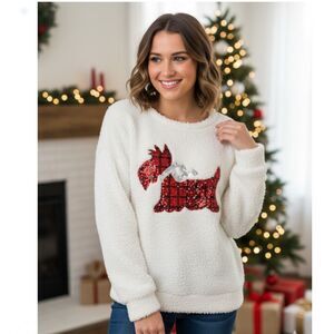 Scottie Dog Sweater Teddy Bear Style Sherpa Pullover Sequin Cozy Soft Womens XL